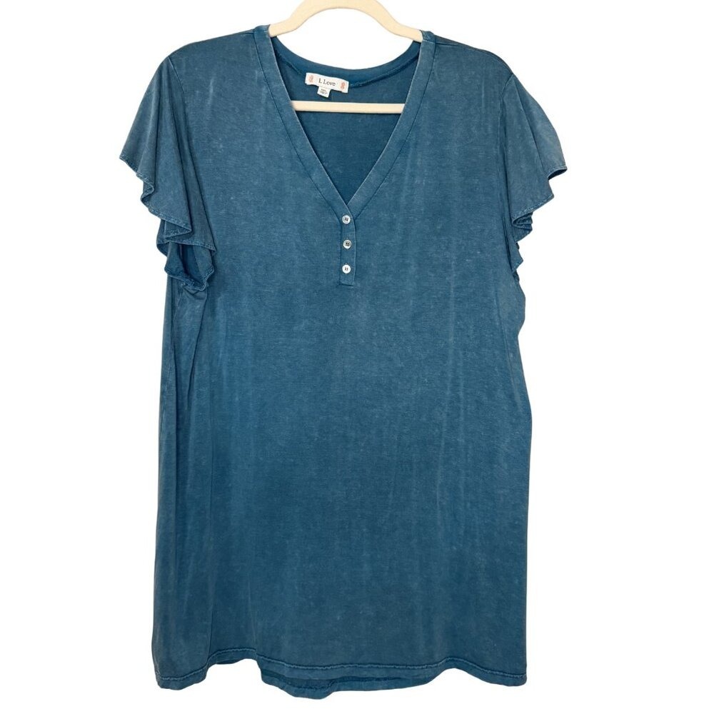 L. Love Teal Mineral Wash Ruffle Sleeve Henley Top - Size 1XL